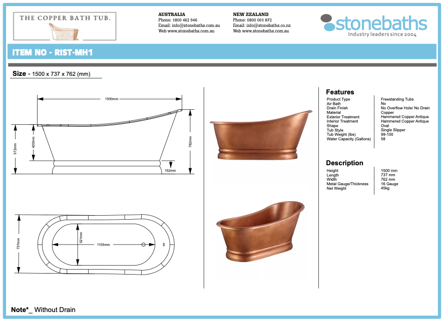 The Copper Bath Tub - Old Hammered Copper, Slipper Smooth 1500mm MH1-D67