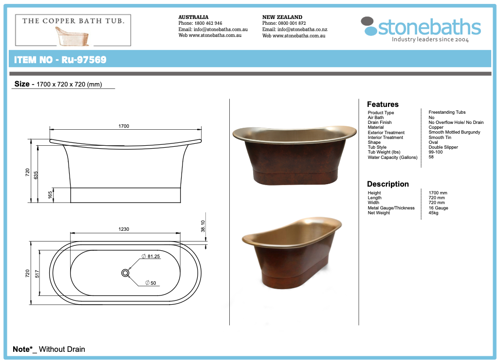 The Copper Bath Tub - Mottled Copper Double Slipper Smooth 1700mm - 97569-D67