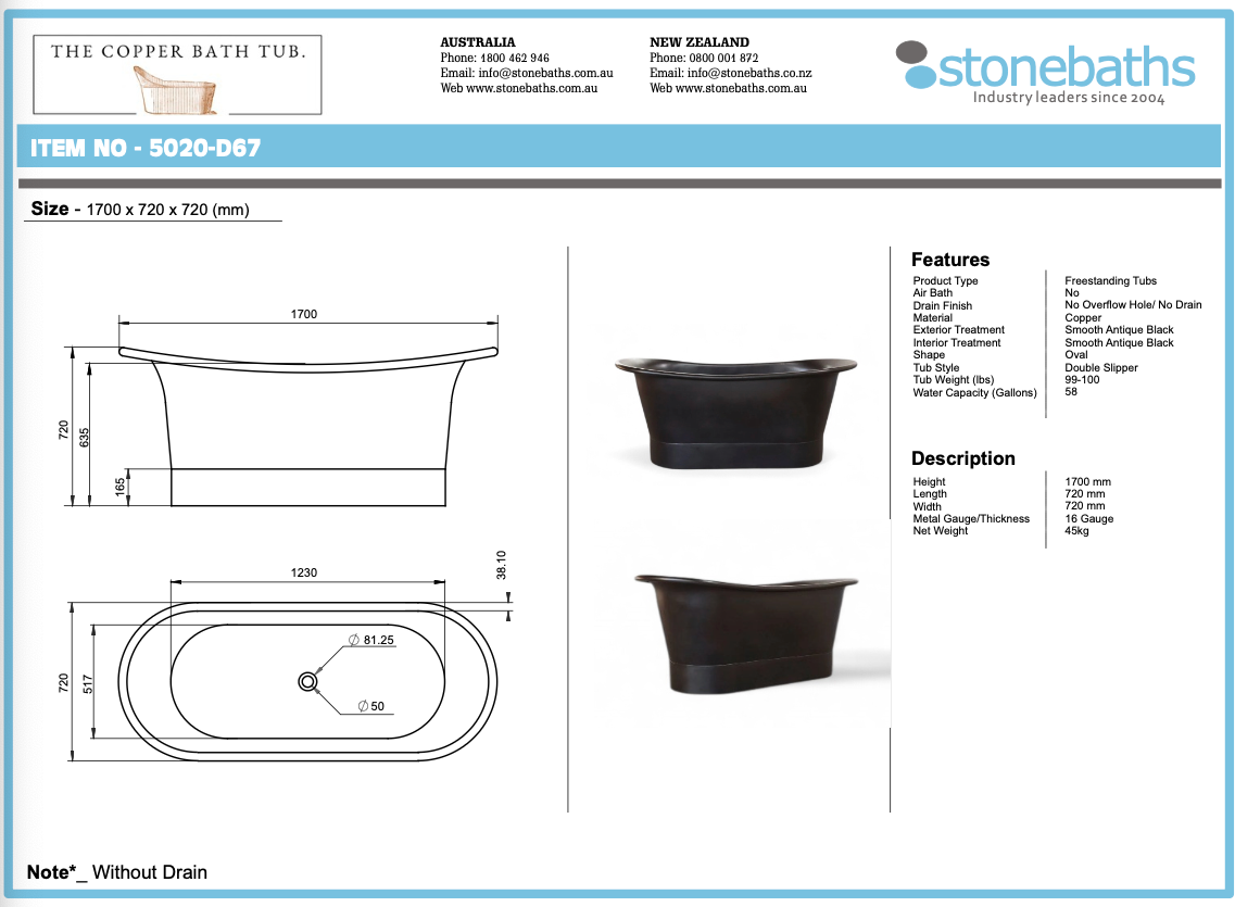 The Copper Bath Tub - Antique Smooth Black Copper, Double Slipper 1700mm 5020-D67