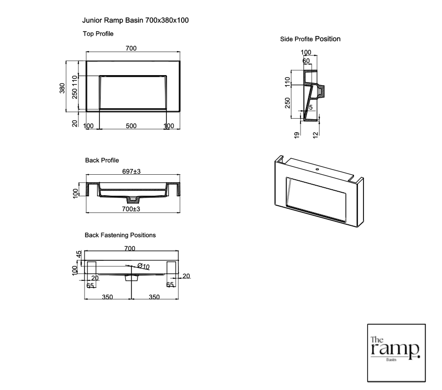 Technical drawings and measurements of a junior ramp basin with 'The Ramp' branding.