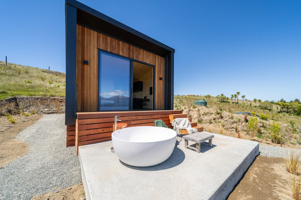 round outdoor bath on patio