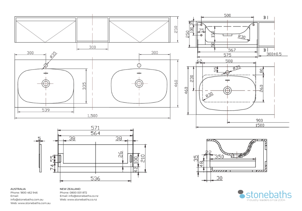 Wall Hung Vanity w/ Twin Basins - 1500mm - G38488-3