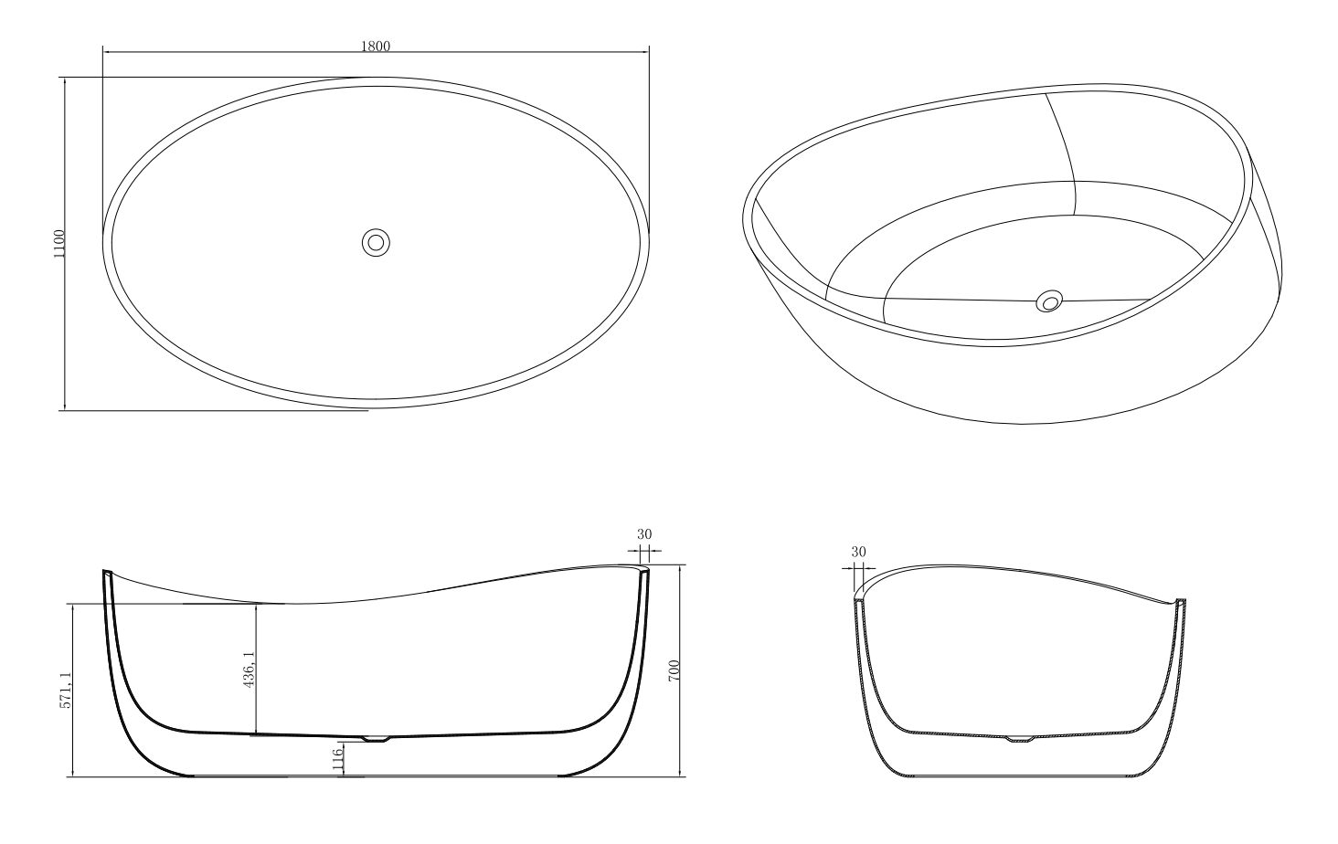 Eclipse 1800 - Large Freestanding Acrylic Bath