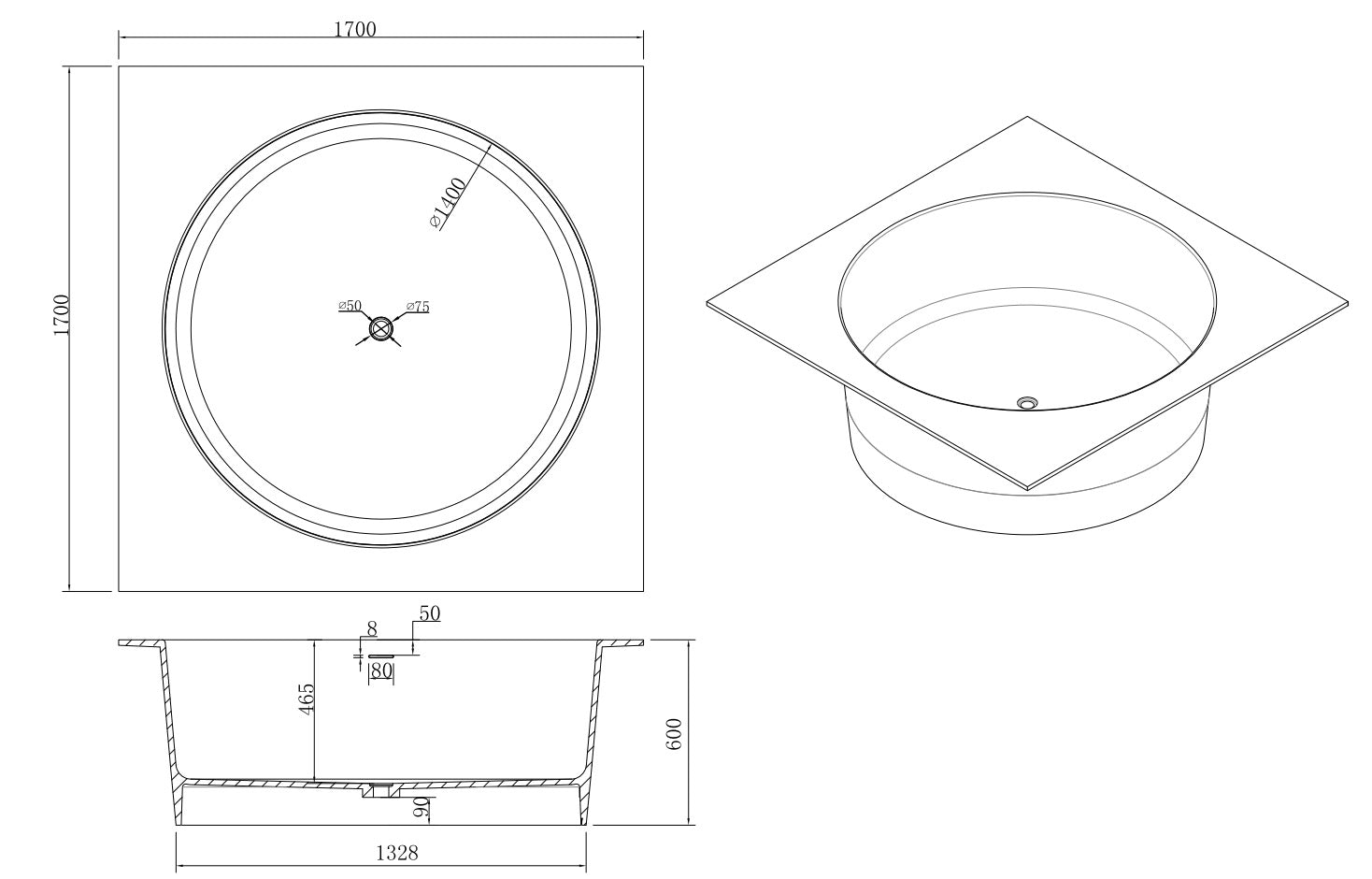 Azzio Outdoor Round Bath - 1700 - TC6046A